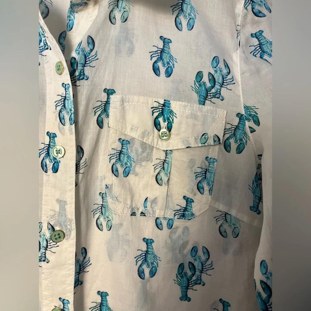 Tory Burch Women’s Brigitte Lobster Print Button Up Shirt - White/Turquoise- 2